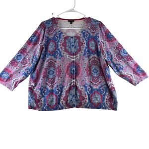 Talbots Button Up Cardigan Sweater Womens 3XP 3/4 Sleeve Boho Medallion AOP READ
